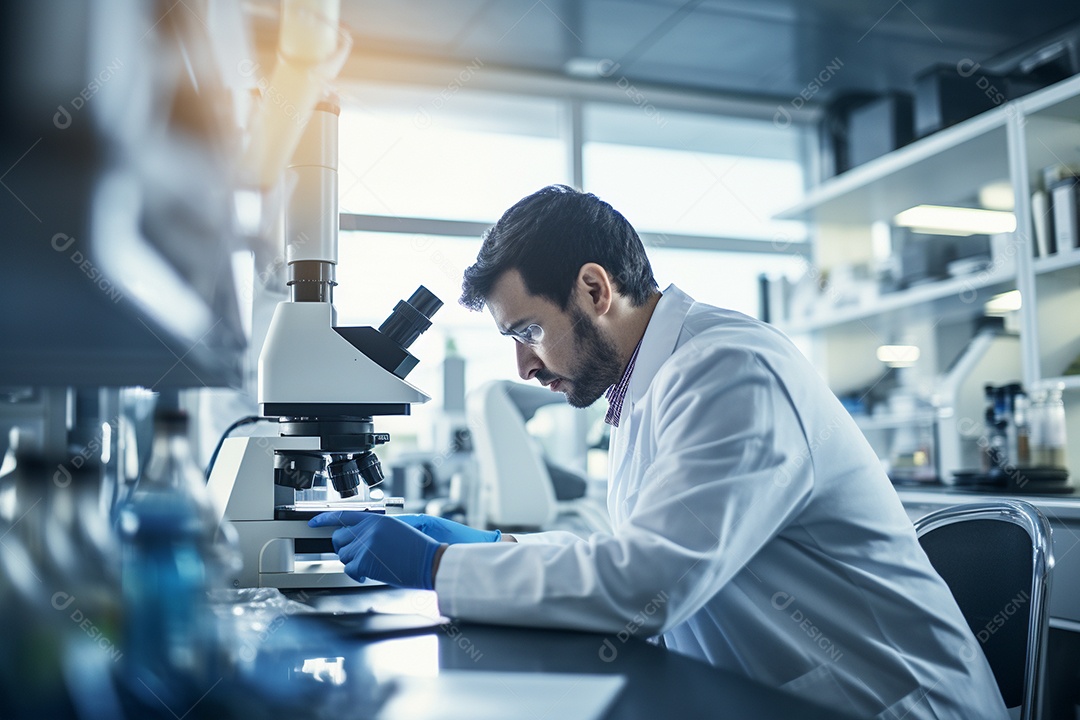 Um cientista olhando através de um microscópio descobrindo novas fronteiras na biologia