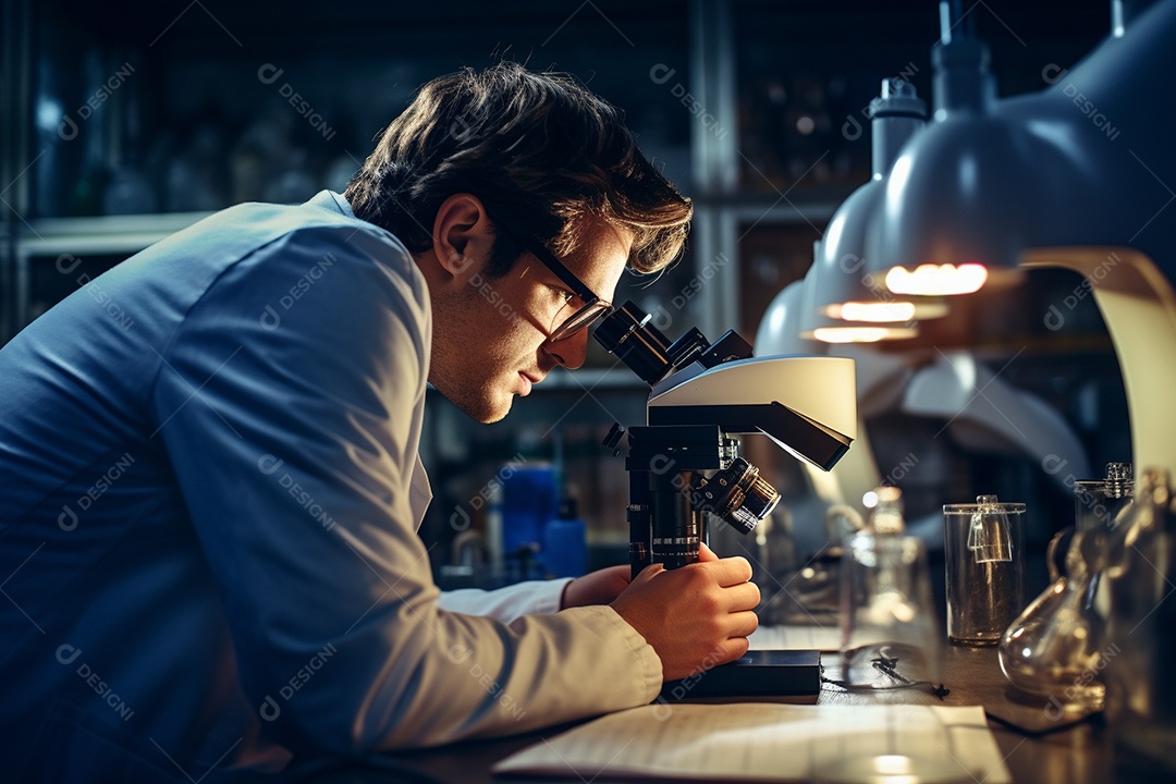 Um cientista olhando através de um microscópio descobrindo novas fronteiras na biologia