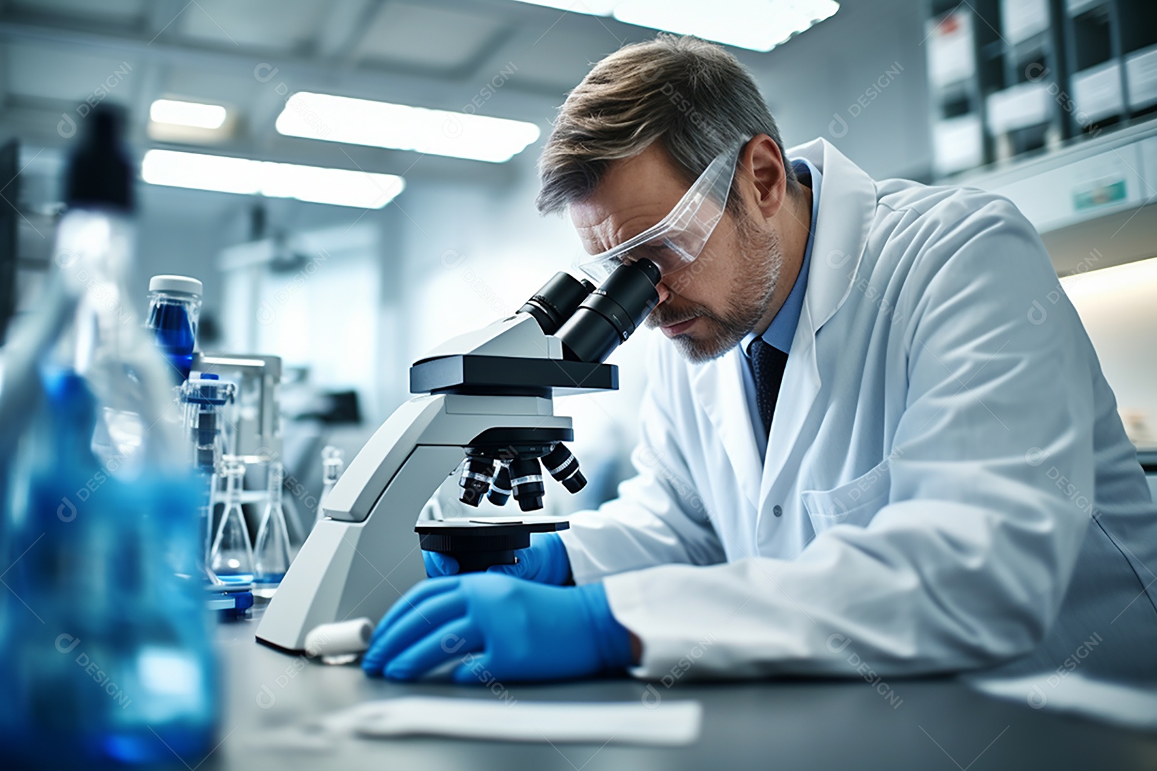 Um cientista olhando através de um microscópio descobrindo novas fronteiras na biologia