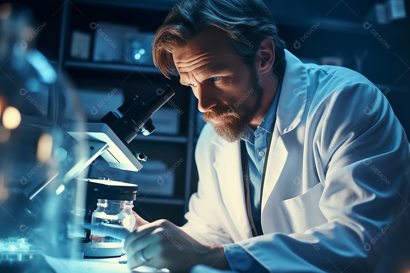 Um cientista olhando através de um microscópio descobrindo novas fronteiras na biologia