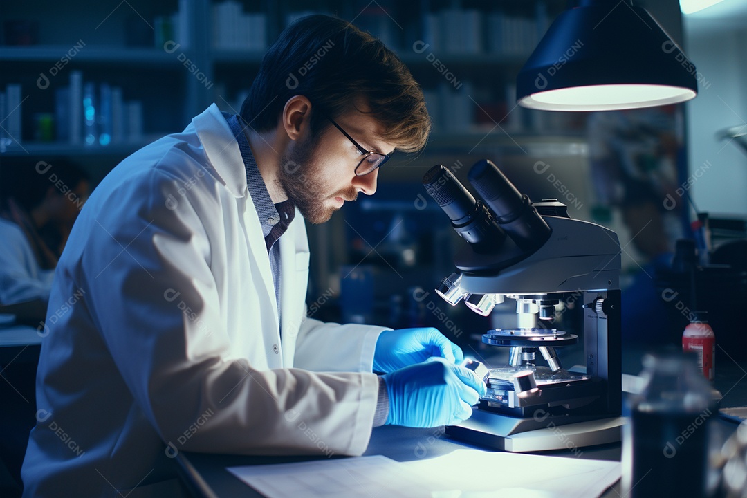 Um cientista olhando através de um microscópio descobrindo novas fronteiras na biologia