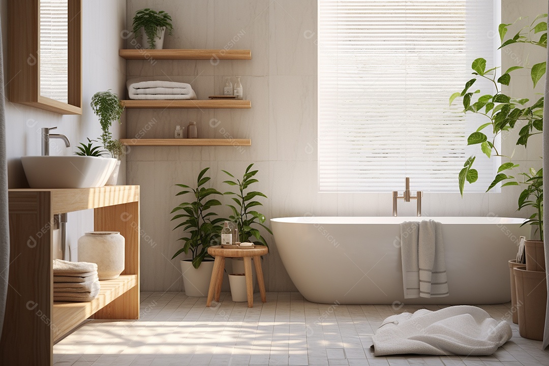 Um banheiro com banheira, azulejos brancos, plantas e prateleira.