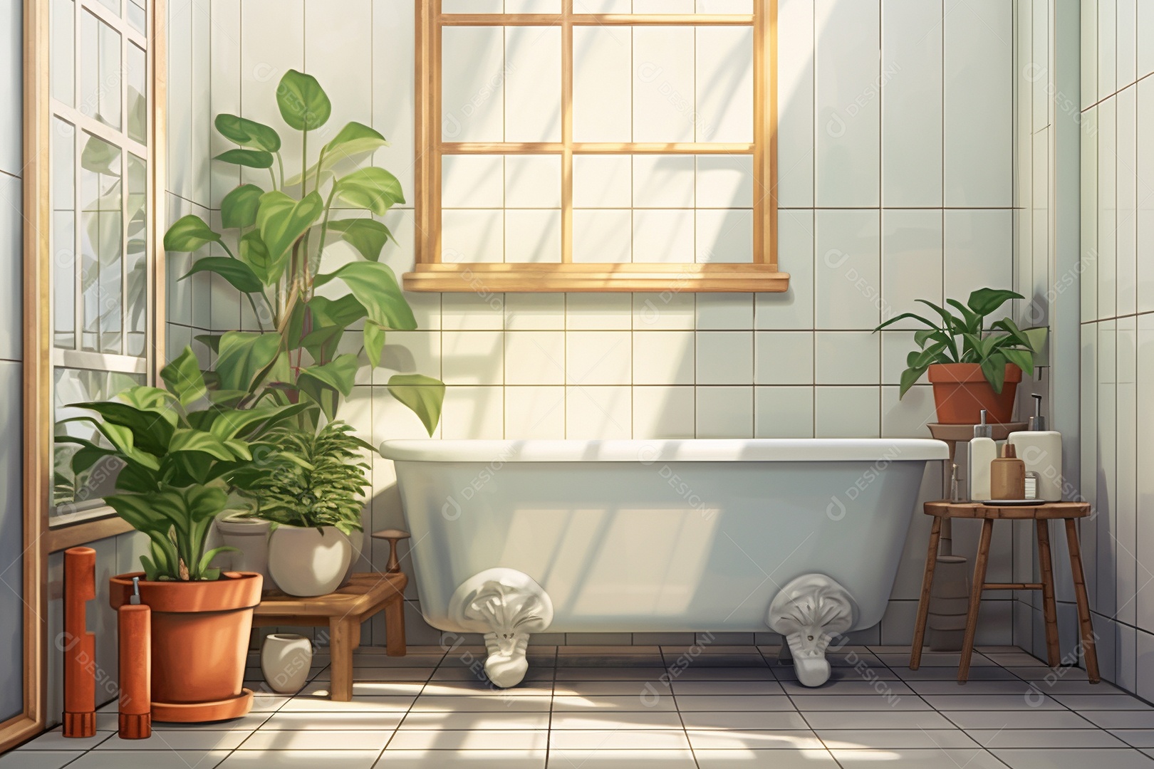 Um banheiro com banheira azulejos brancos e plantas.