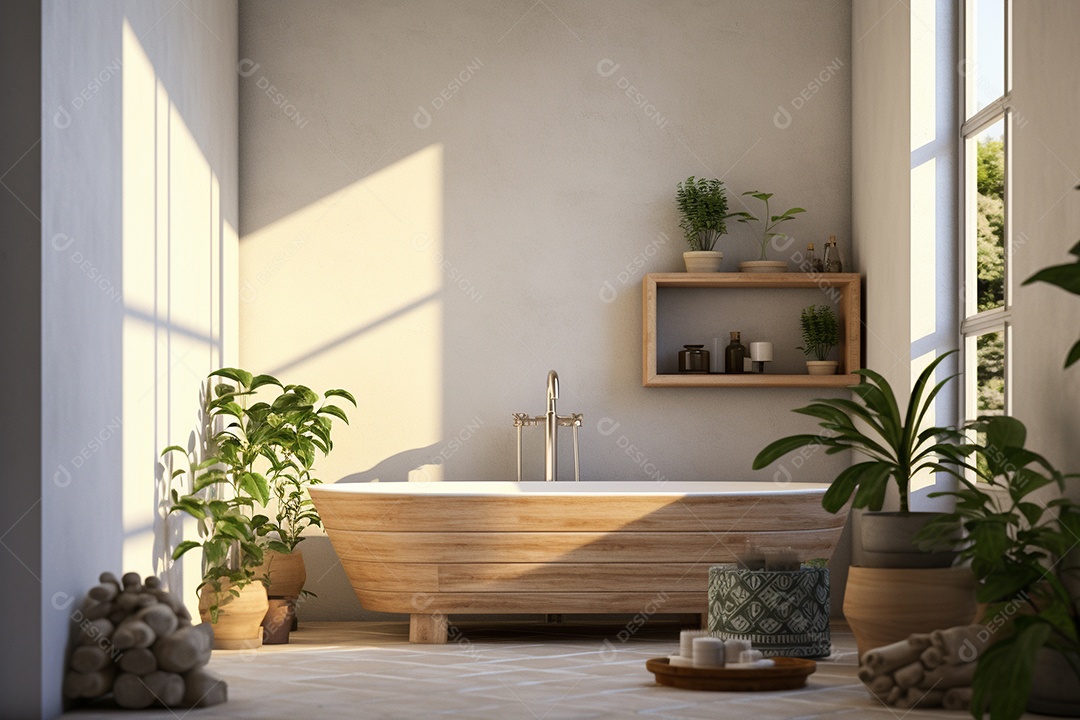 Um banheiro com banheira azulejos brancos e plantas.