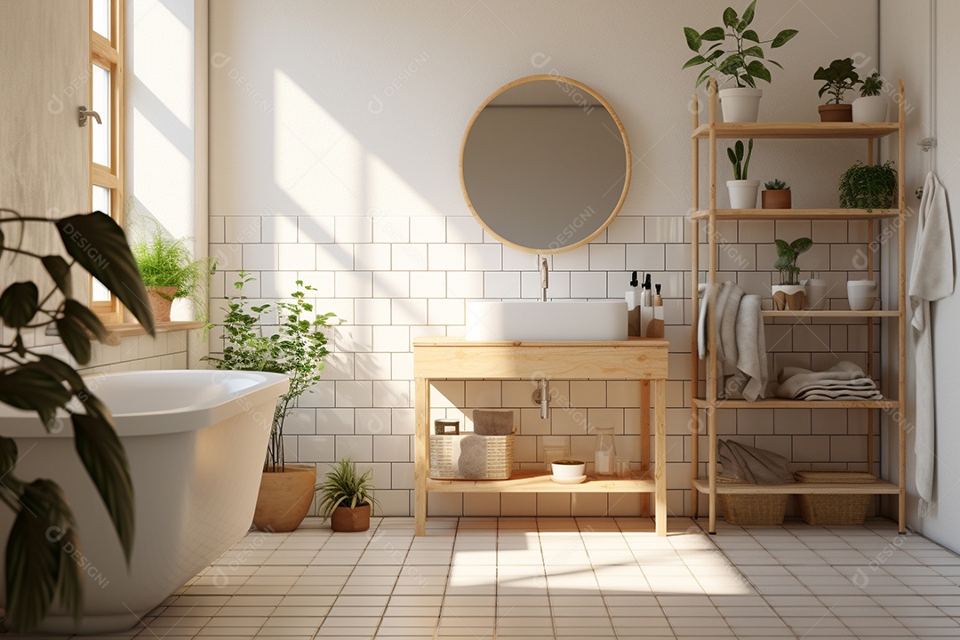 Um banheiro com banheira lavabo, azulejos brancos e plantas.