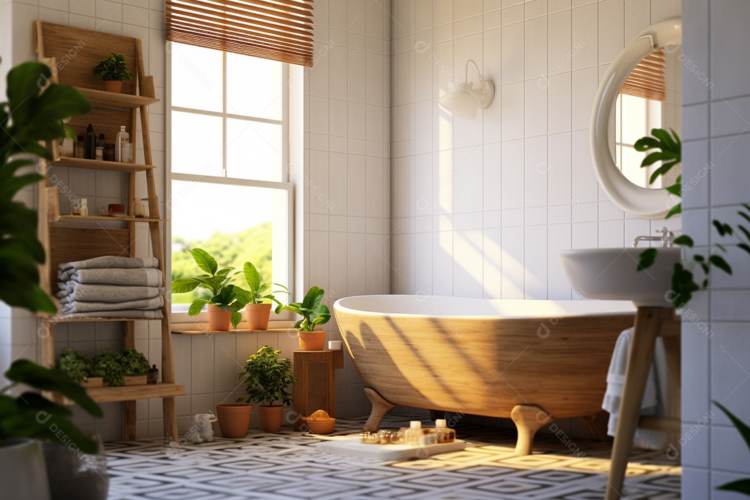 Um banheiro simples com azulejos brancos e plantas