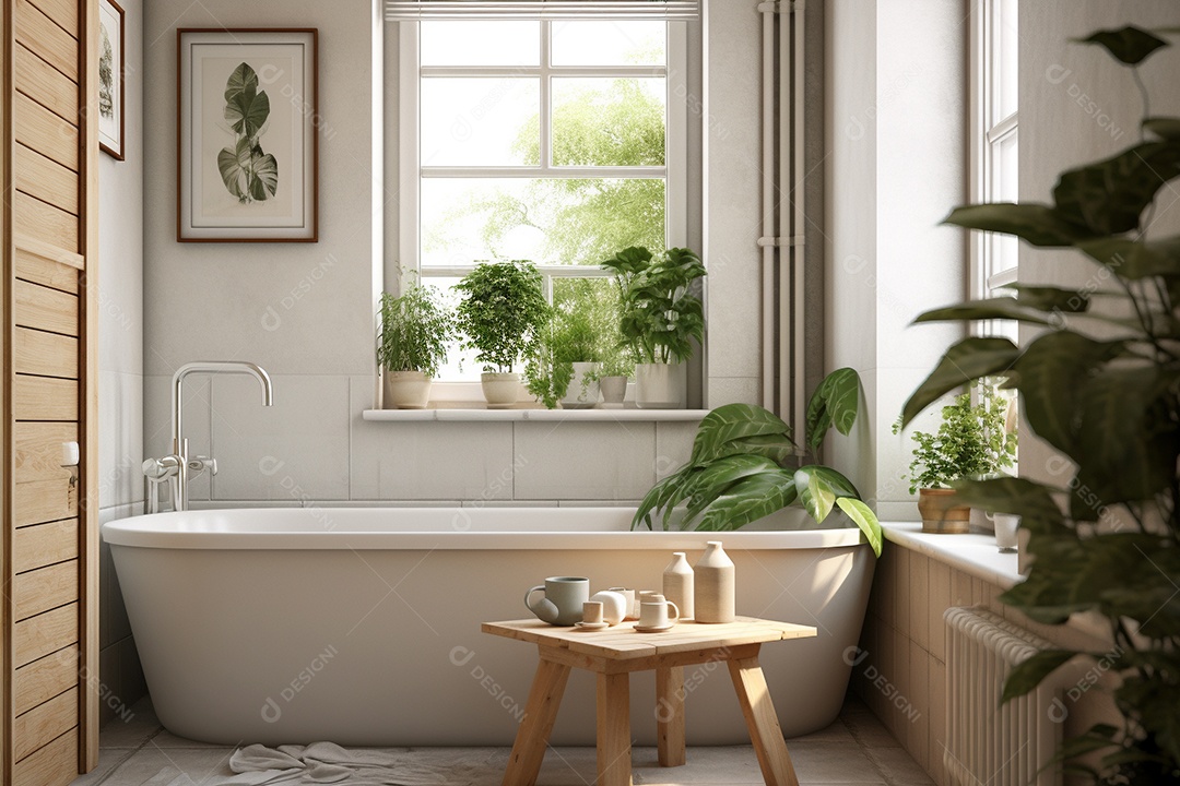 Um banheiro com banheira azulejos brancos e plantas.