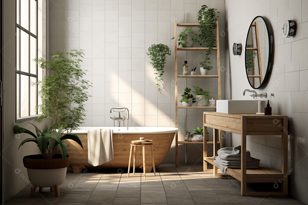 Um banheiro com banheira, lavabo, azulejos brancos e plantas.