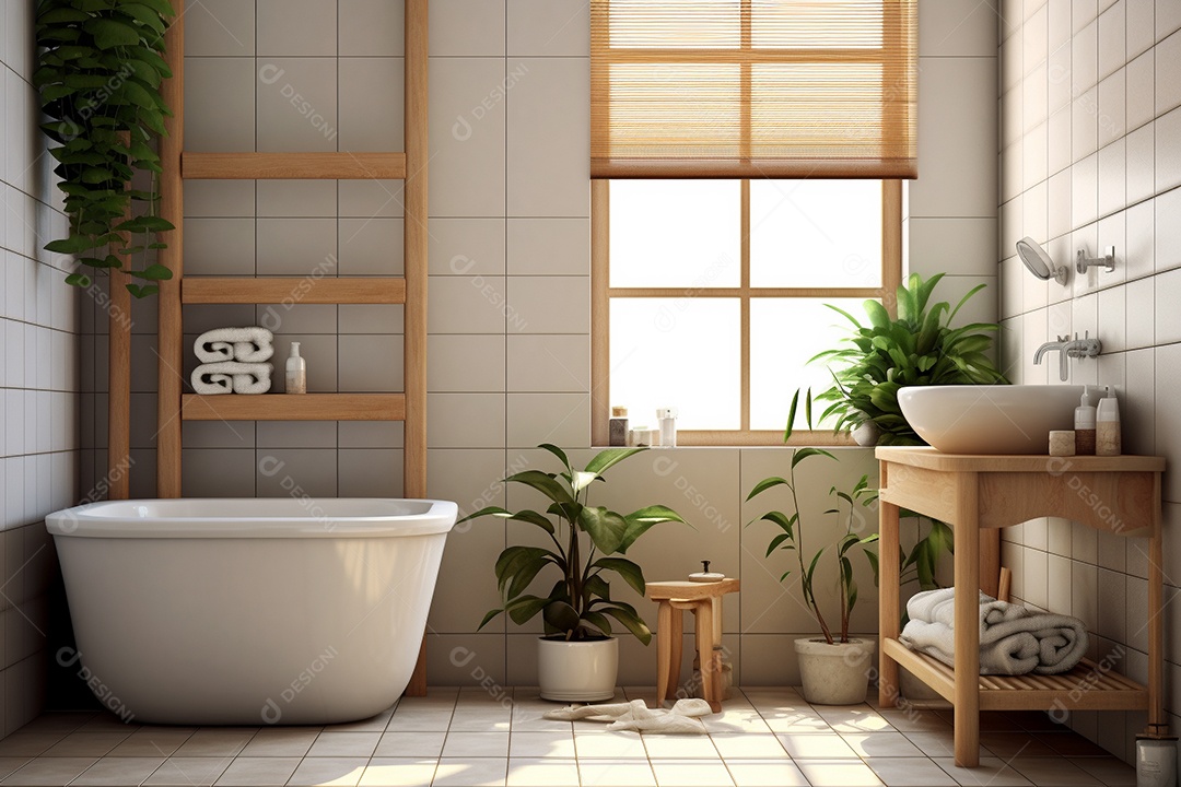 Um banheiro com banheira azulejos brancos e plantas.