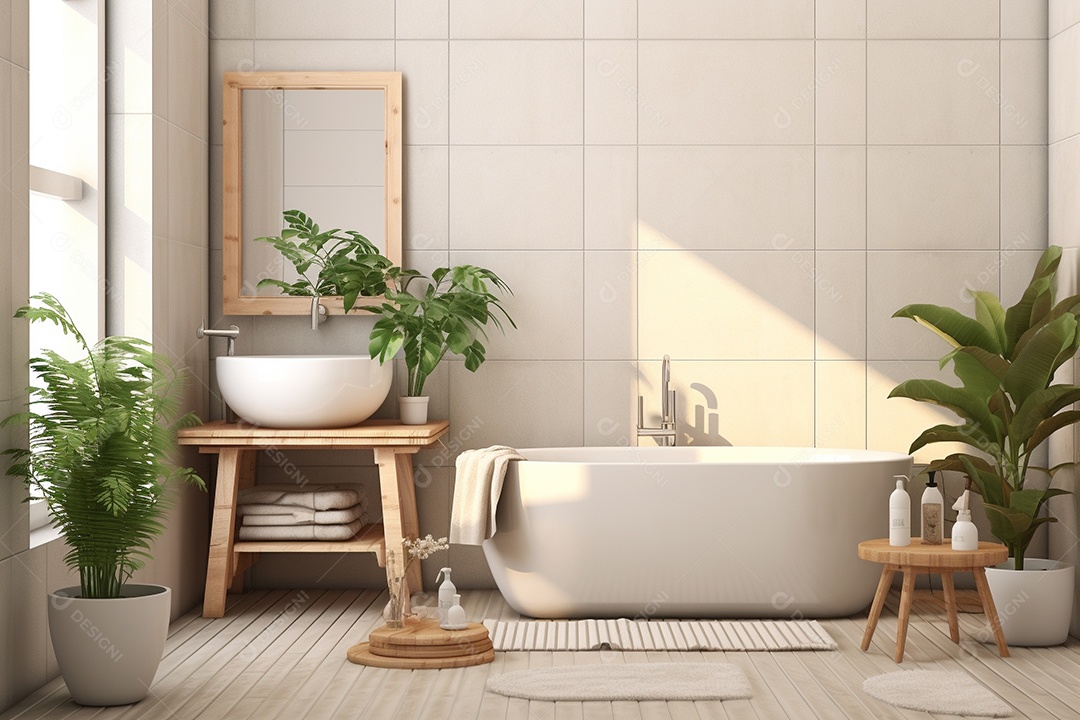 Um banheiro com banheira azulejos brancos e plantas.