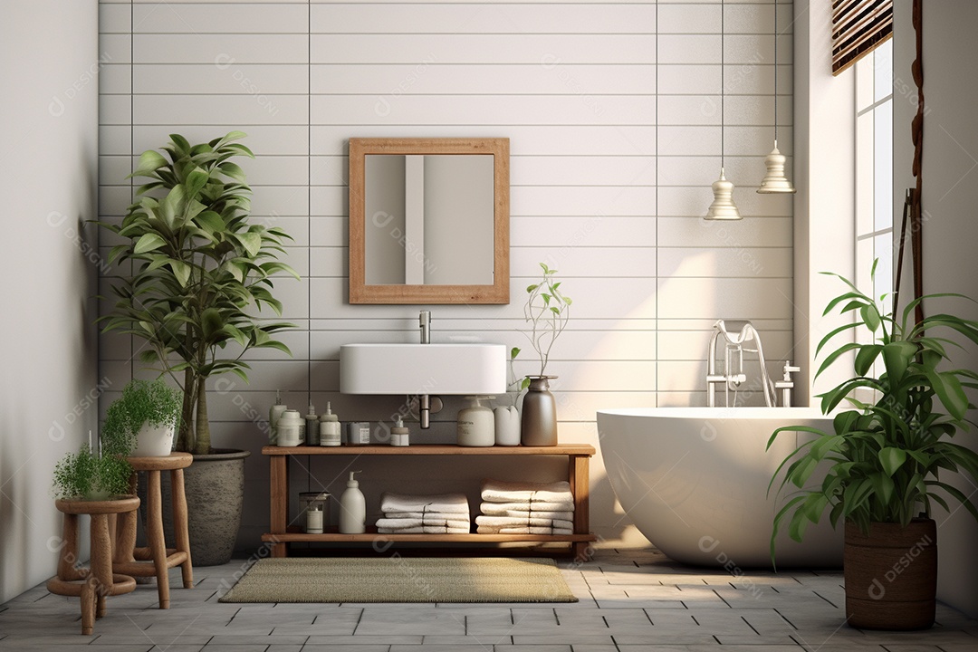 Um banheiro com banheira, lavabo, azulejos brancos e plantas.