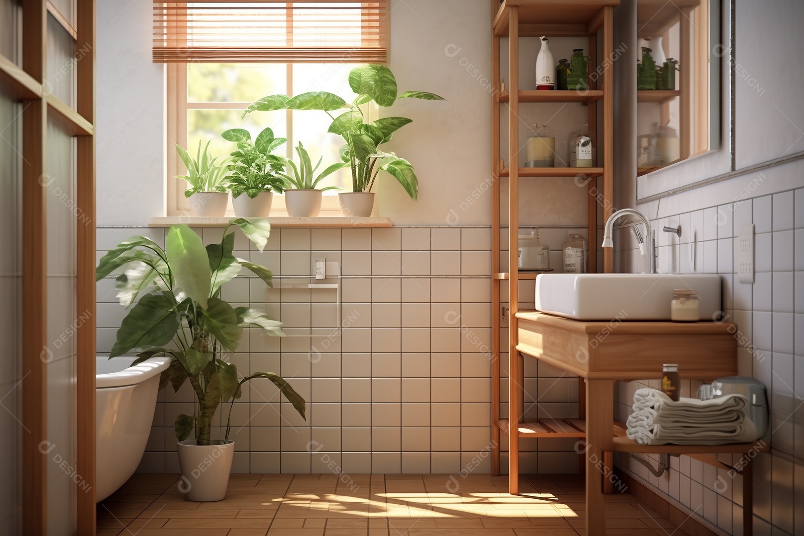 Um banheiro com banheira, lavabo, azulejos brancos e plantas.