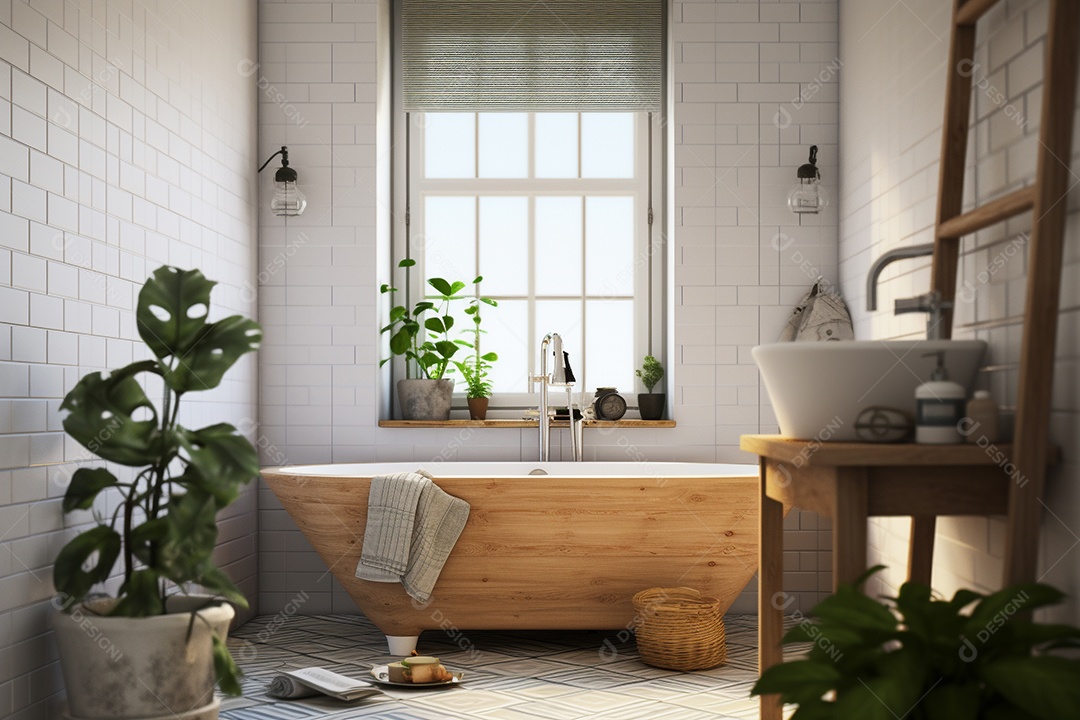 Um banheiro com banheira azulejos brancos e plantas.