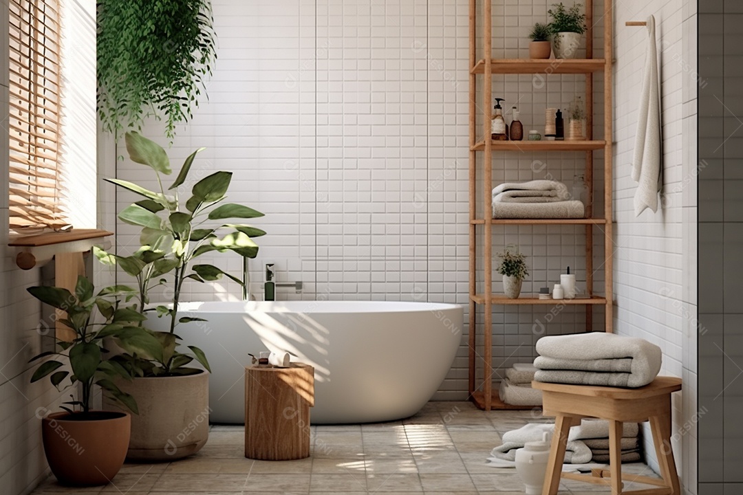 Um banheiro com banheira, azulejos brancos, plantas e prateleira.