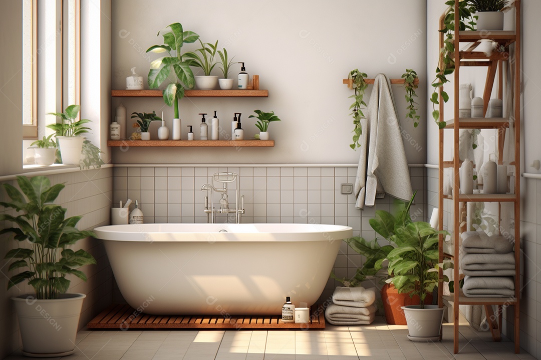 Um banheiro simples com azulejos brancos e plantas