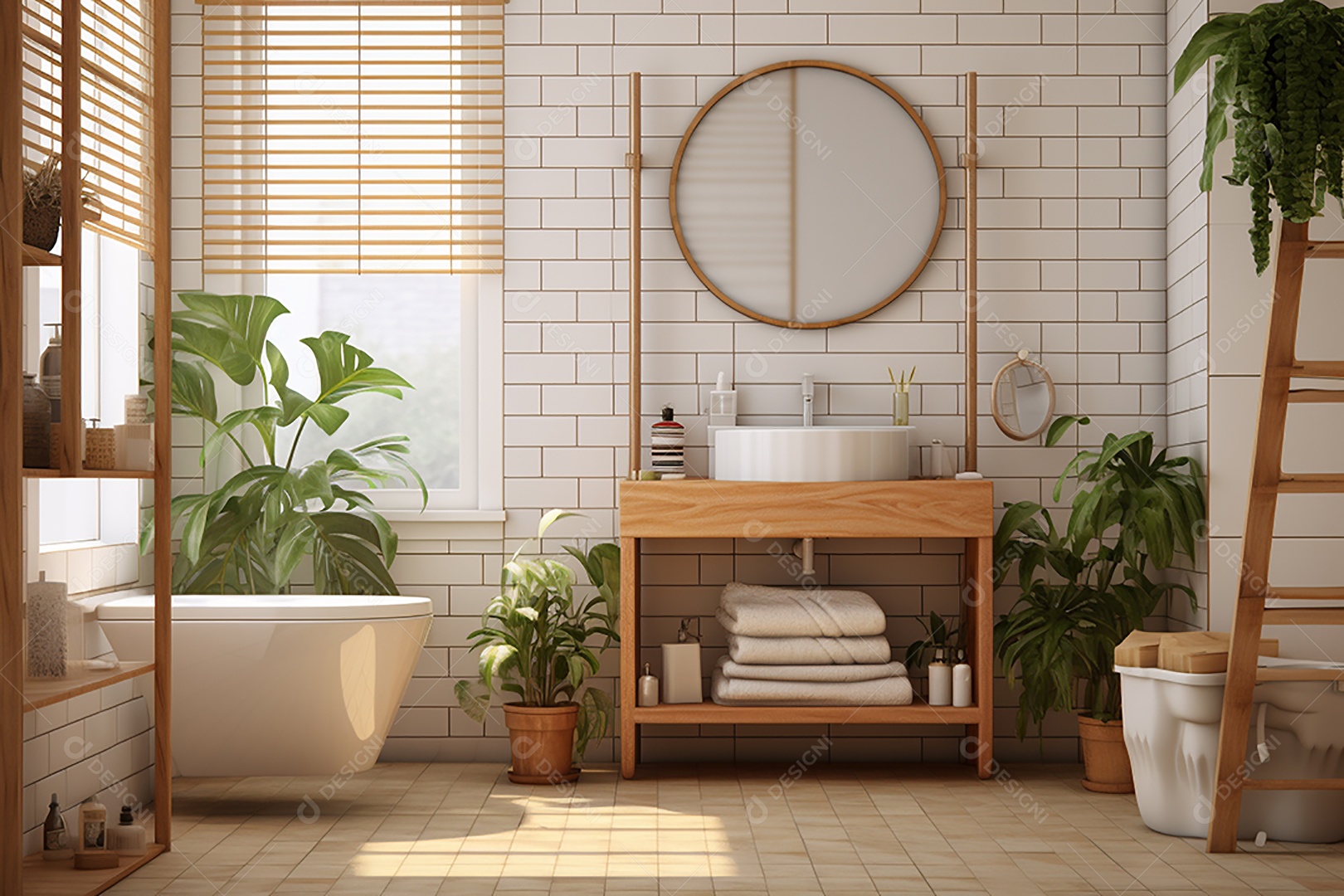 Um banheiro com banheira azulejos brancos e plantas.