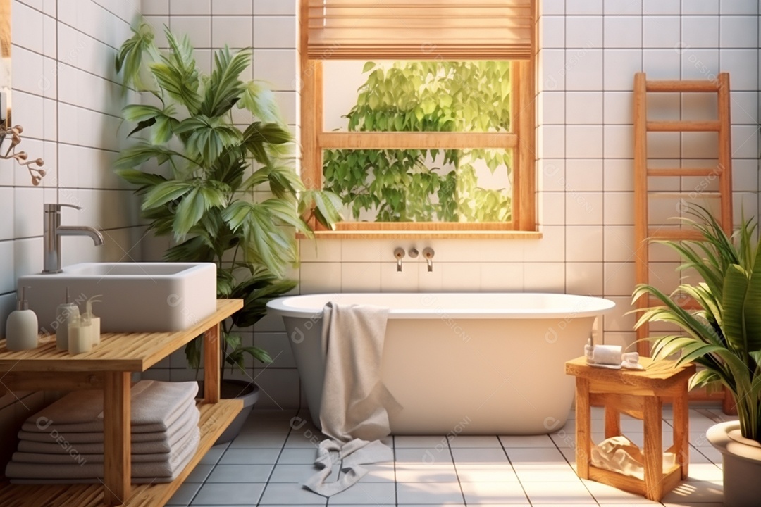 Um banheiro com banheira, azulejos brancos e plantas.