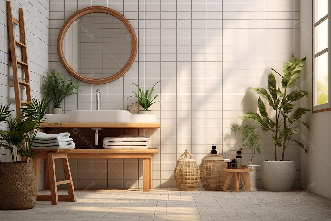 Lavabo com azulejos brancos e plantas.