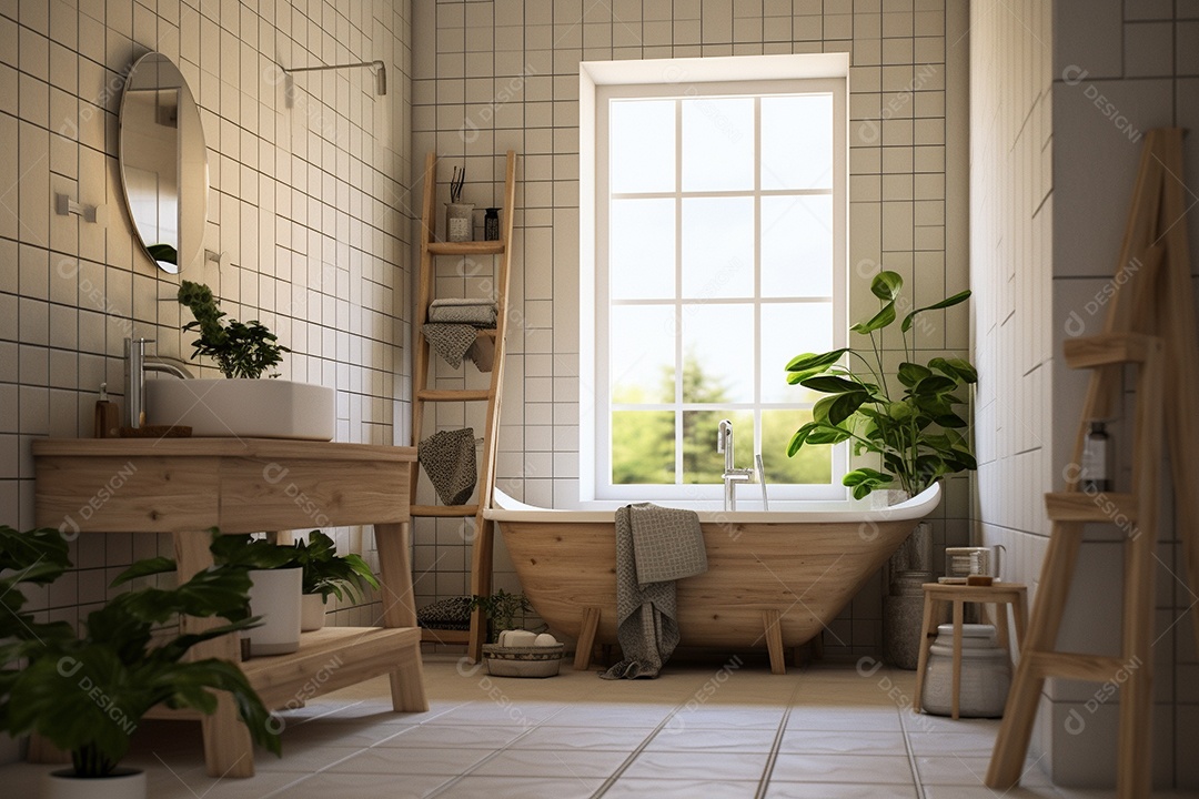 Um banheiro com banheira com uma grande janela de vidro zulejos brancos e plantas.