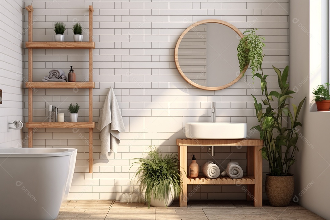 Um banheiro com banheira, lavabo, azulejos brancos e plantas.