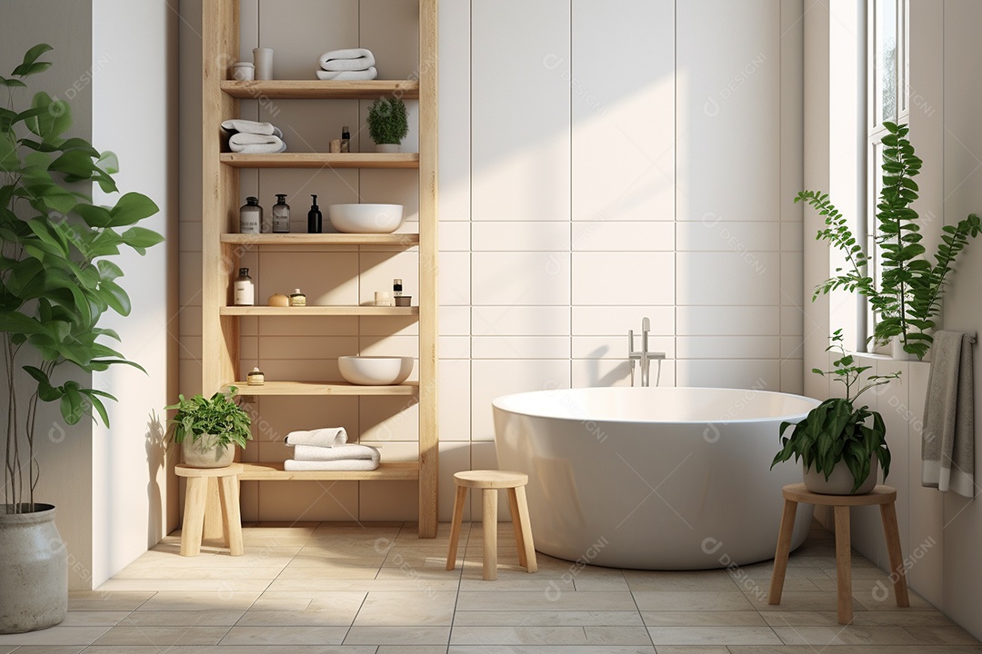 Um banheiro com banheira,azulejos brancos, plantas e prateleira.