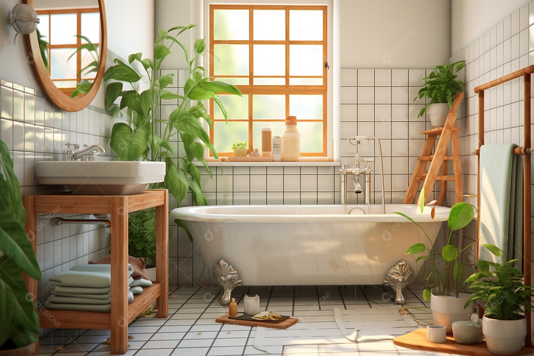 Um banheiro com banheira,azulejos brancos, plantas e prateleira.