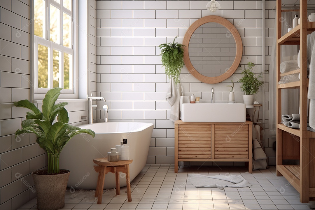 Um banheiro com banheira,azulejos brancos,plantas prateleiras