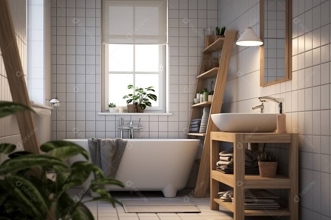 Um banheiro com banheira azulejos brancos, plantas e prateleiras.