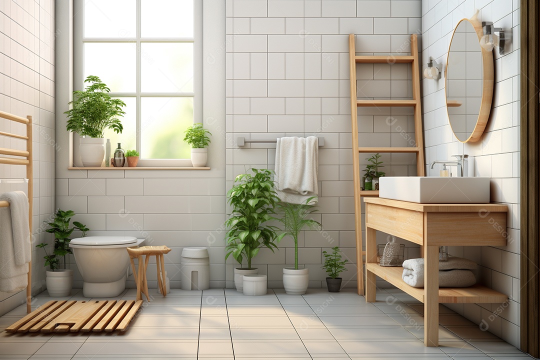 Um banheiro de azulejos brancos, prateleiras e plantas.