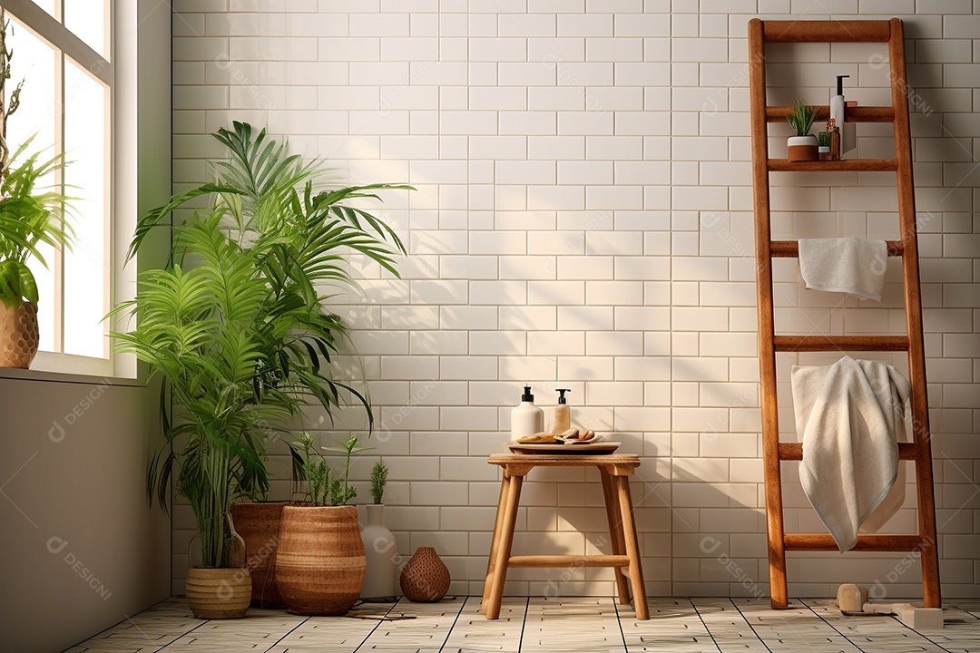 Área com jenela, vasos de plantas,azuleijo branco e prateleira.