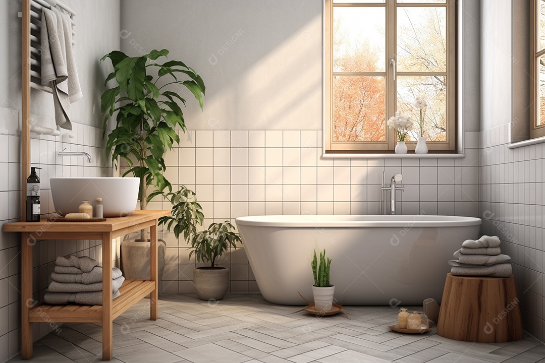 Um banheiro com banheira.azulejos brancos e plantas.