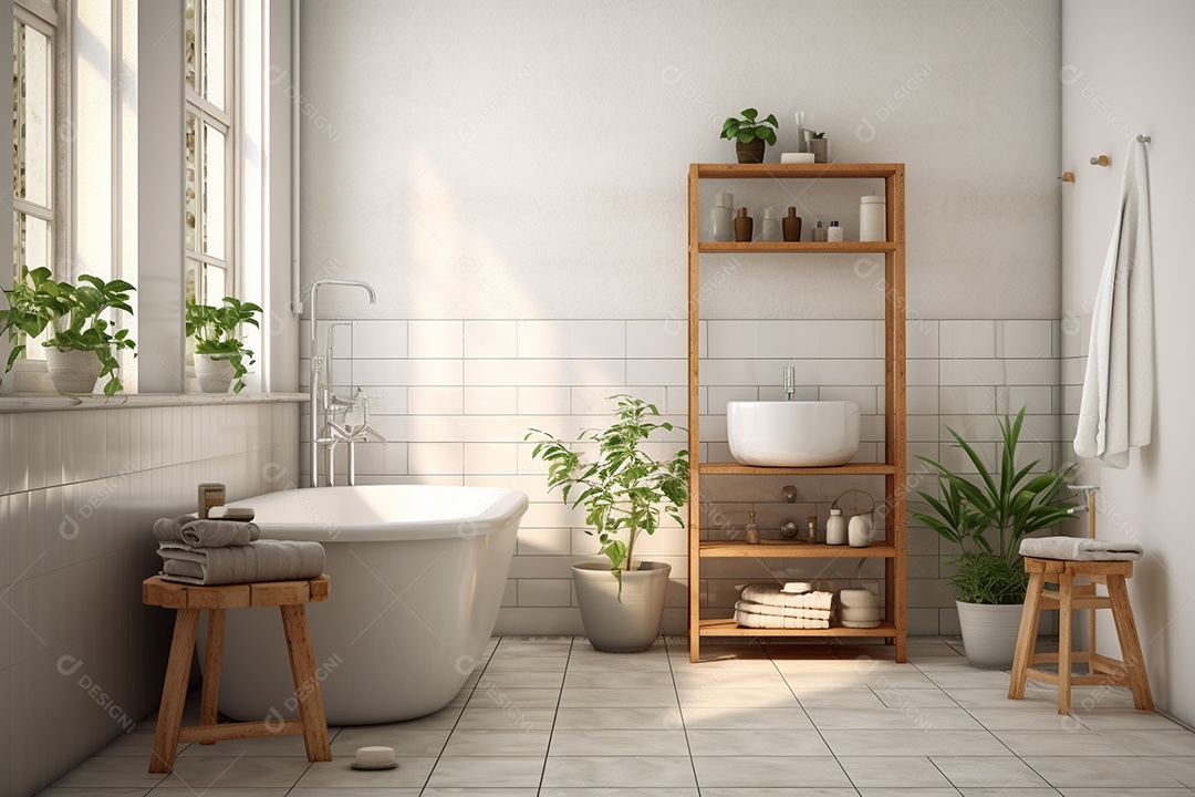 Um banheiro com banheira,azulejos brancos, plantas e prateleiras.