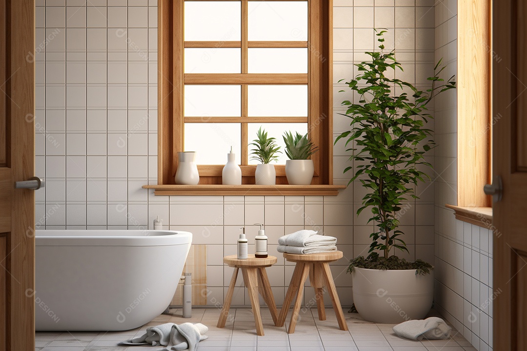 Um banheiro com banheira.azulejos brancos e plantas.