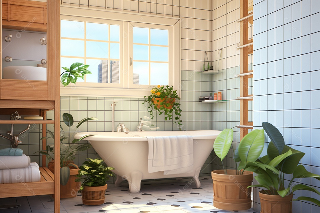 Um banheiro com banheira.azulejos brancos e plantas.