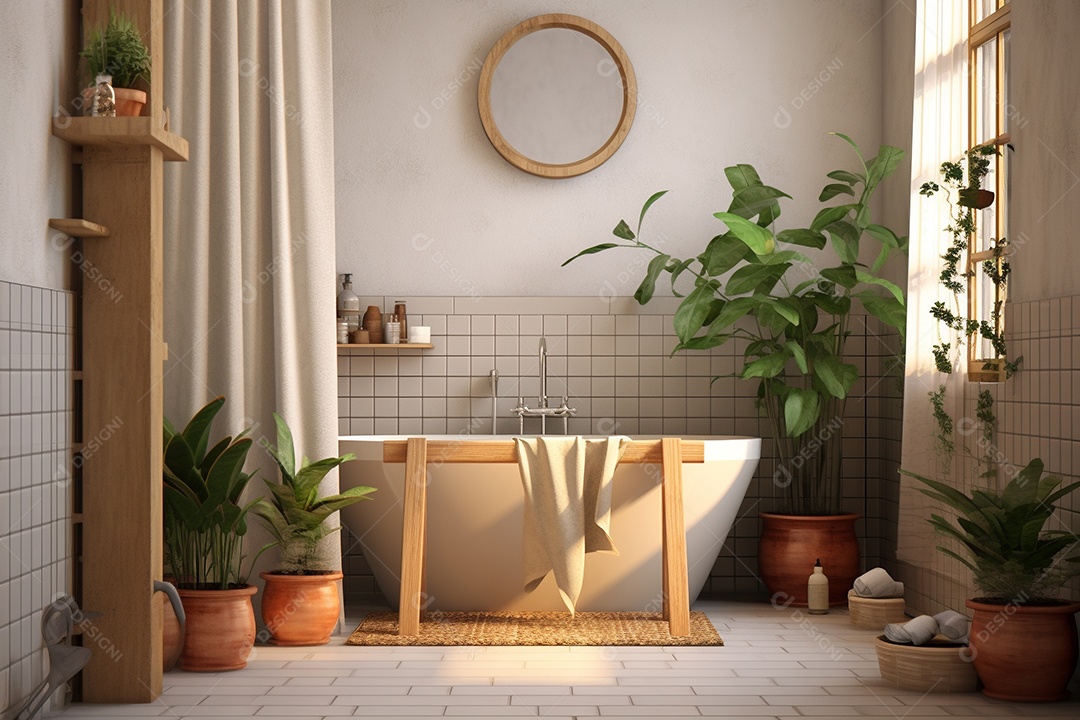 Um banheiro com banheira.azulejos brancos e plantas.