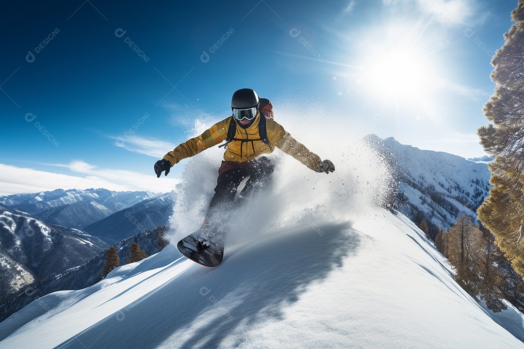Pessoa deslizando pela encosta de uma montanha nevada, navegando habilmente nas curvas.