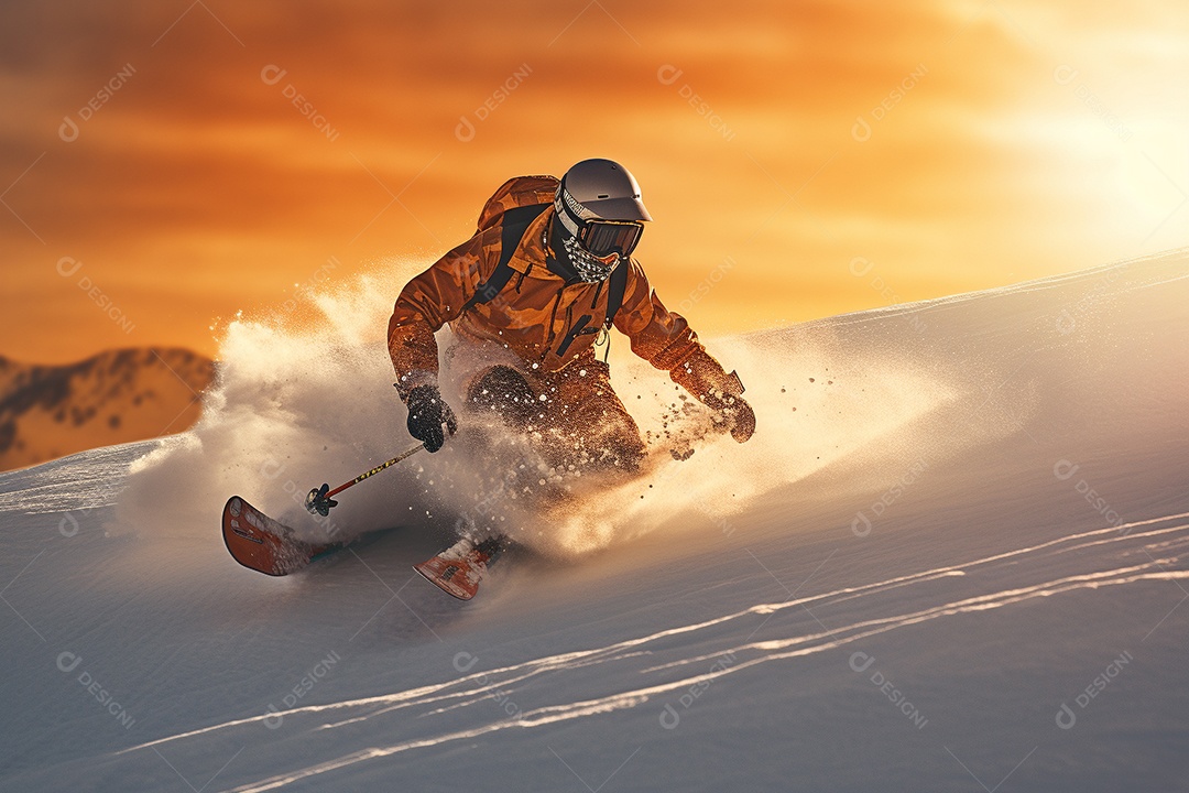 Pessoa deslizando habilmente pela  montanha nevada com paisagem do  pôr do sol.