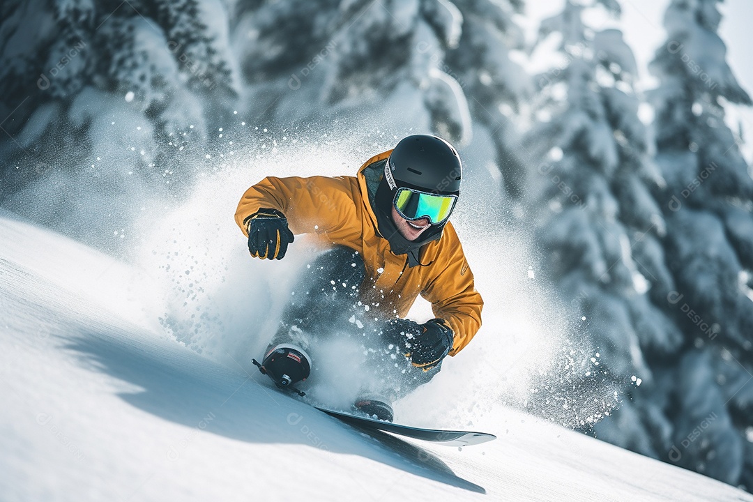 Pessoa deslizando habilmente pela encosta de uma montanha nevada com árvores
