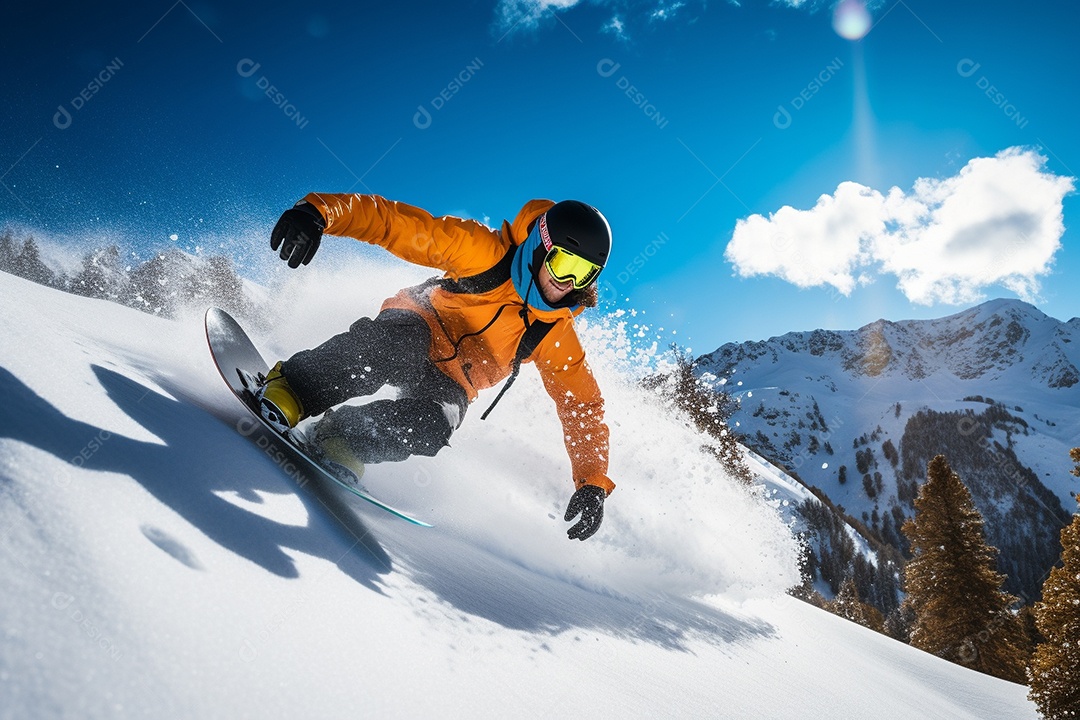 Pessoa deslizando habilmente pela encosta de uma montanha nevada,