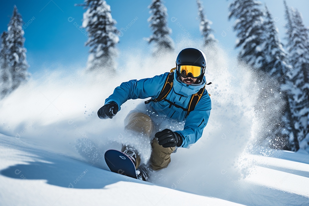 Pessoa deslizando habilmente pela encosta de uma montanha nevada com árvores