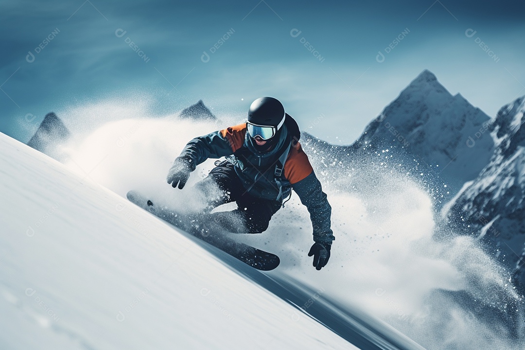 Pessoa deslizando habilmente pela encosta de uma montanha nevada,