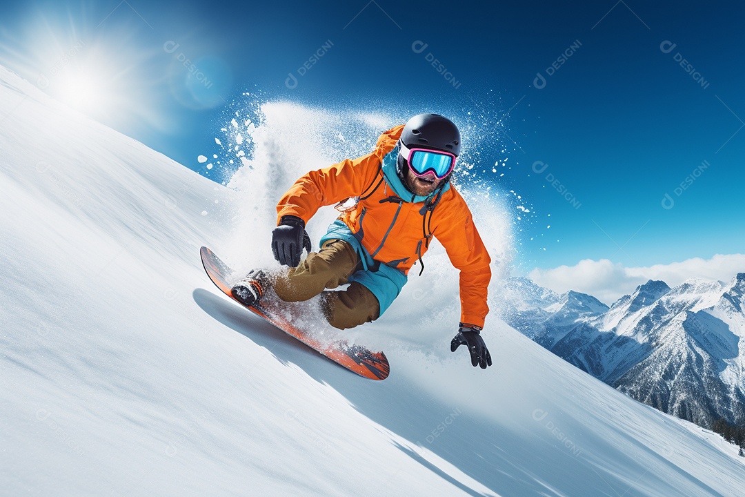 Pessoa deslizando habilmente pela encosta de uma montanha nevada,