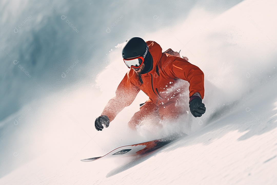 Snowboarder deslizando pela encosta de uma montanha nevada, navegando habilmente nas curvas.