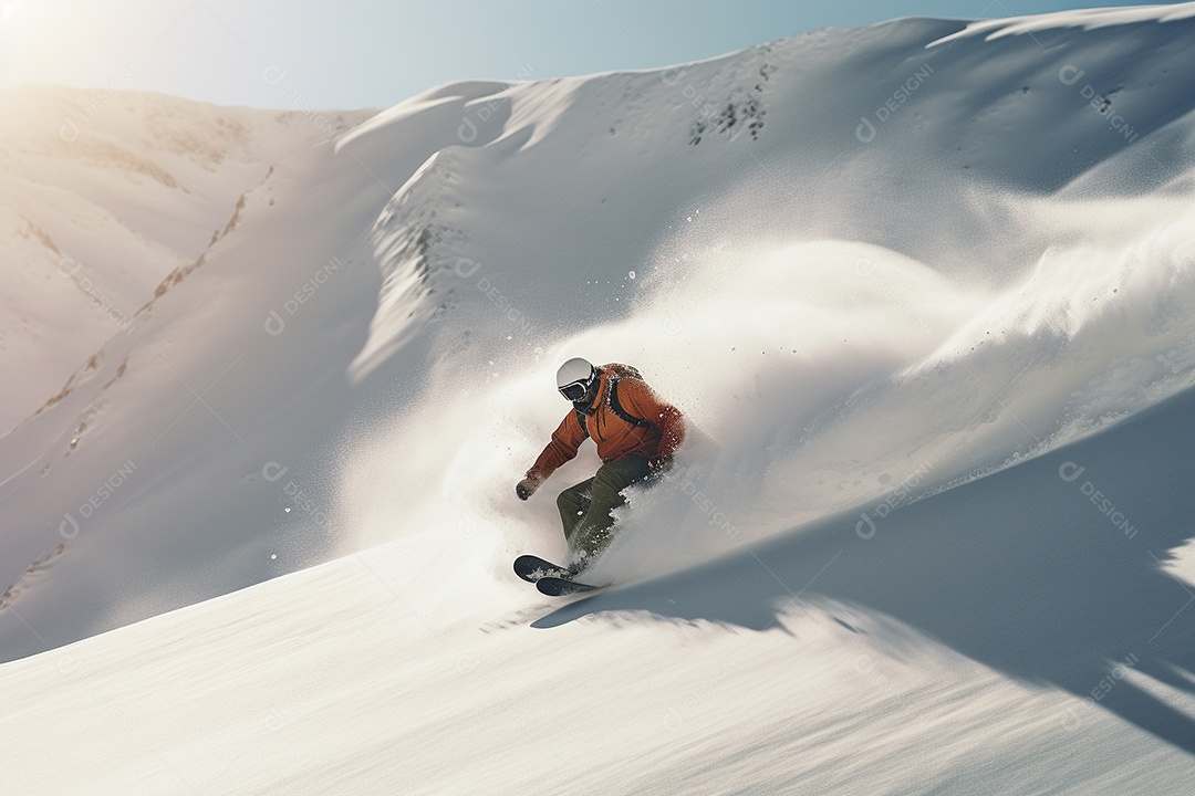 Snowboarder deslizando pela encosta de uma montanha nevada, navegando habilmente nas curvas.