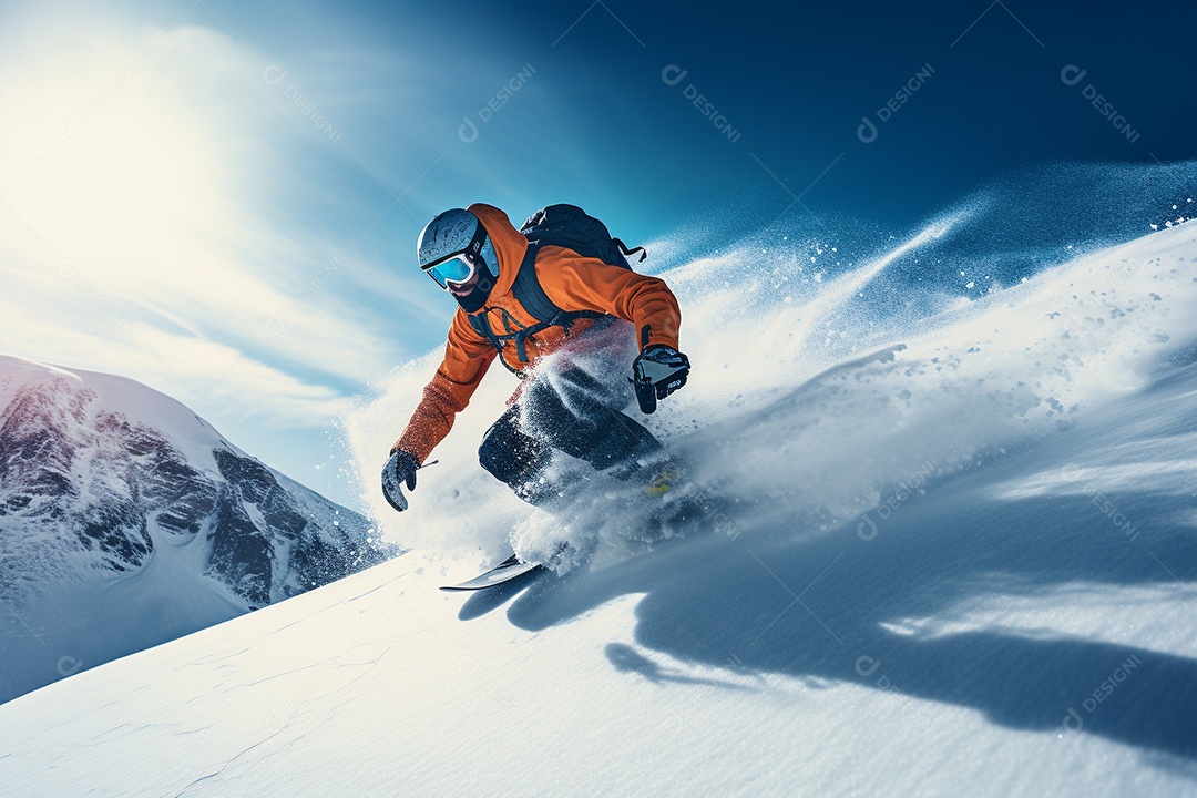 Snowboarder deslizando pela encosta de uma montanha nevada, navegando habilmente nas curvas.