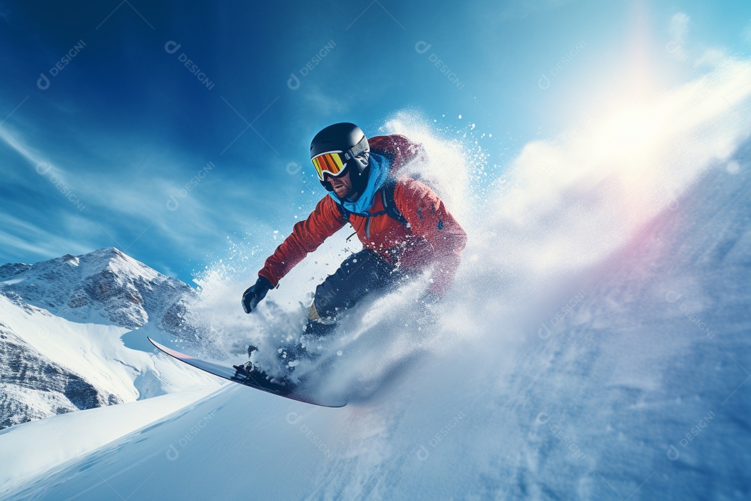 Snowboarder deslizando pela encosta de uma montanha nevada, navegando habilmente nas curvas.