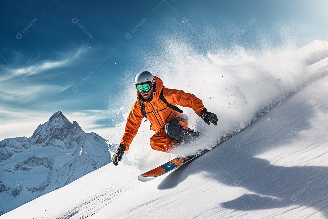Snowboarder deslizando pela encosta de uma montanha nevada