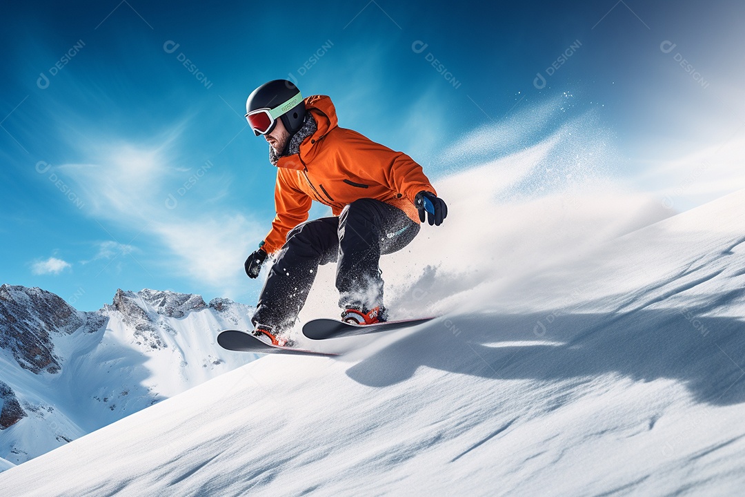 Snowboarder deslizando pela encosta de uma montanha nevada