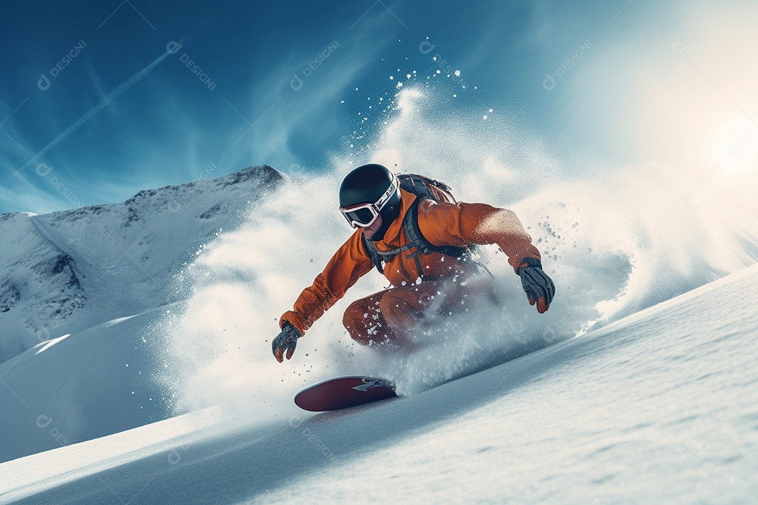 Snowboarder deslizando pela encosta de uma montanha nevada, navegando habilmente nas curvas.