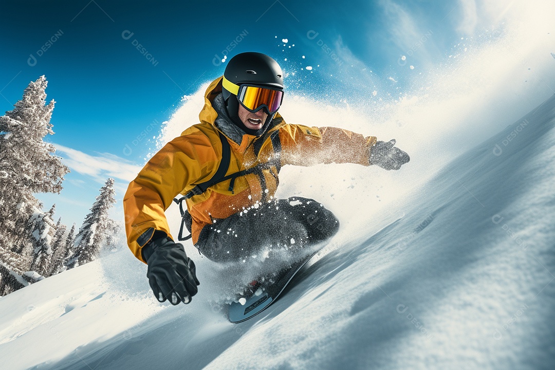 Snowboarder deslizando pela encosta de uma montanha nevada, navegando habilmente nas curvas.